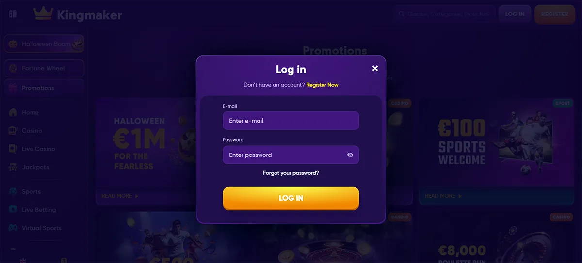Purple-themed Kingmaker casino login popup with email and password fields, a “LOG IN” button, password recovery link, and a dark promotional casino background.
