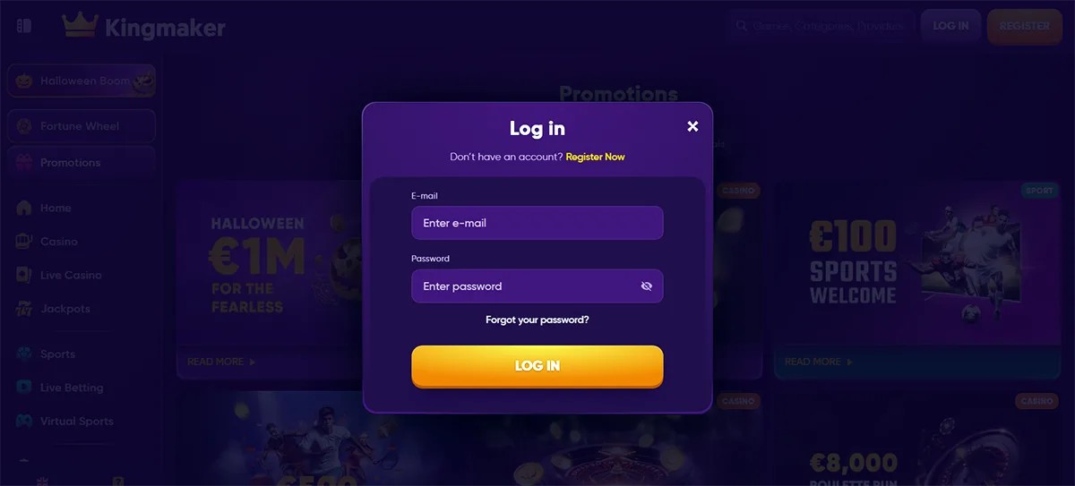 Purple-themed Kingmaker casino login popup with email and password fields, a “LOG IN” button, password recovery link, and a dark promotional casino background.