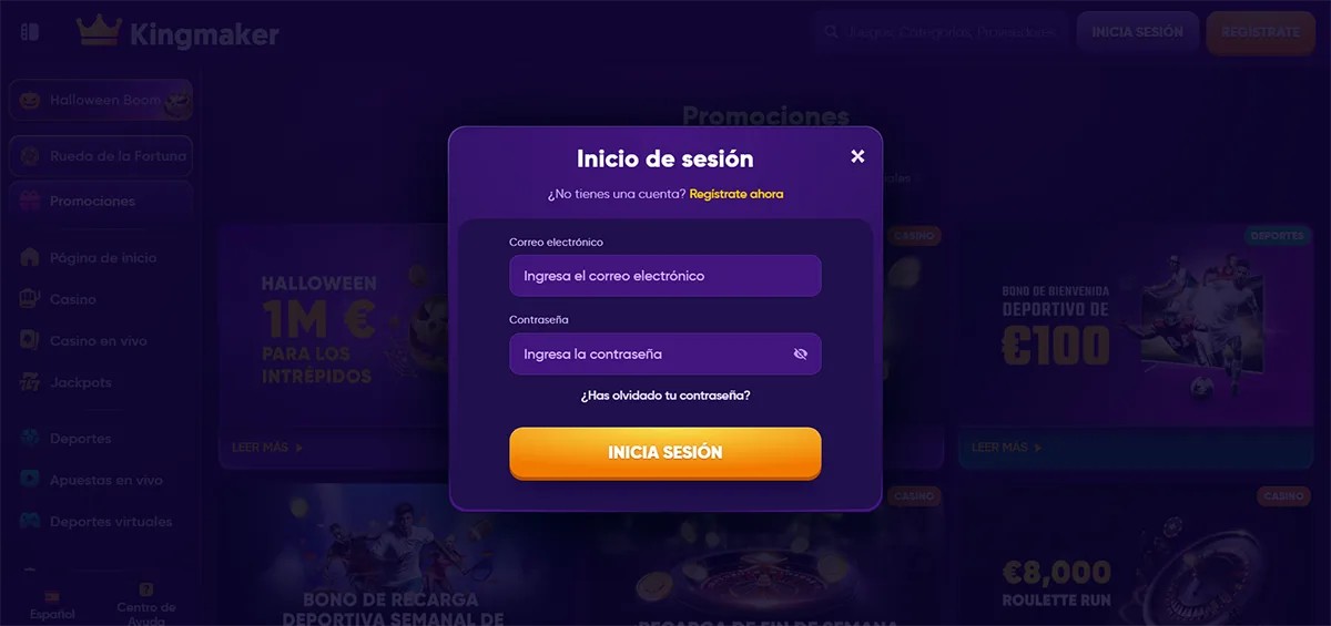 Purple Kingmaker casino login modal in Spanish with email and password fields, an orange “INICIA SESIÓN” button, password recovery link, and a dark promotional casino background.