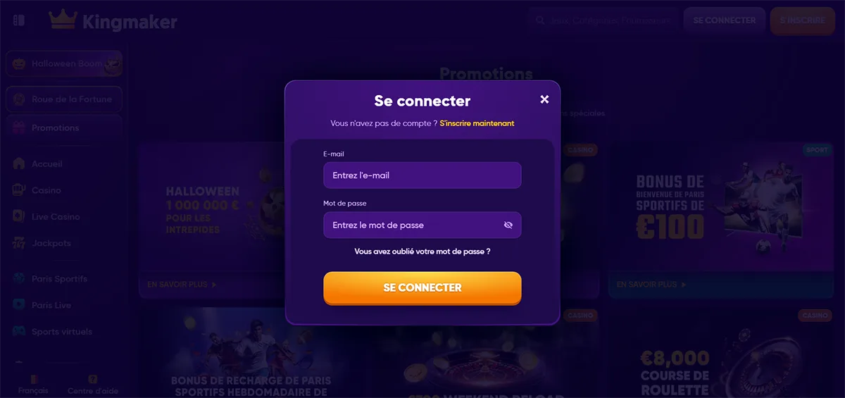 Purple Kingmaker casino “Se connecter” login popup in French with email and password fields, an orange “SE CONNECTER” button, password recovery link, and a blurred promotions background.