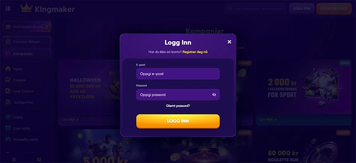 Purple Kingmaker casino login modal in Norwegian with email and password fields, a bright orange “LOGG INN” button, password recovery link, and a dark blurred campaign background.