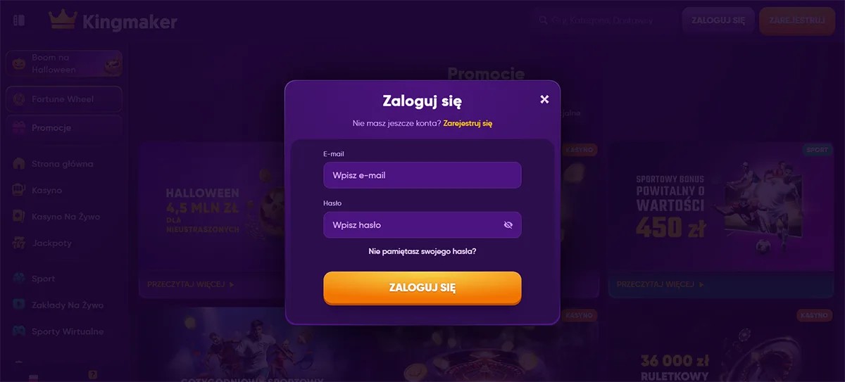 Purple Kingmaker casino login popup in Polish with email and password fields, an orange “ZALOGUJ SIĘ” button, password recovery link, and a blurred promotions background.