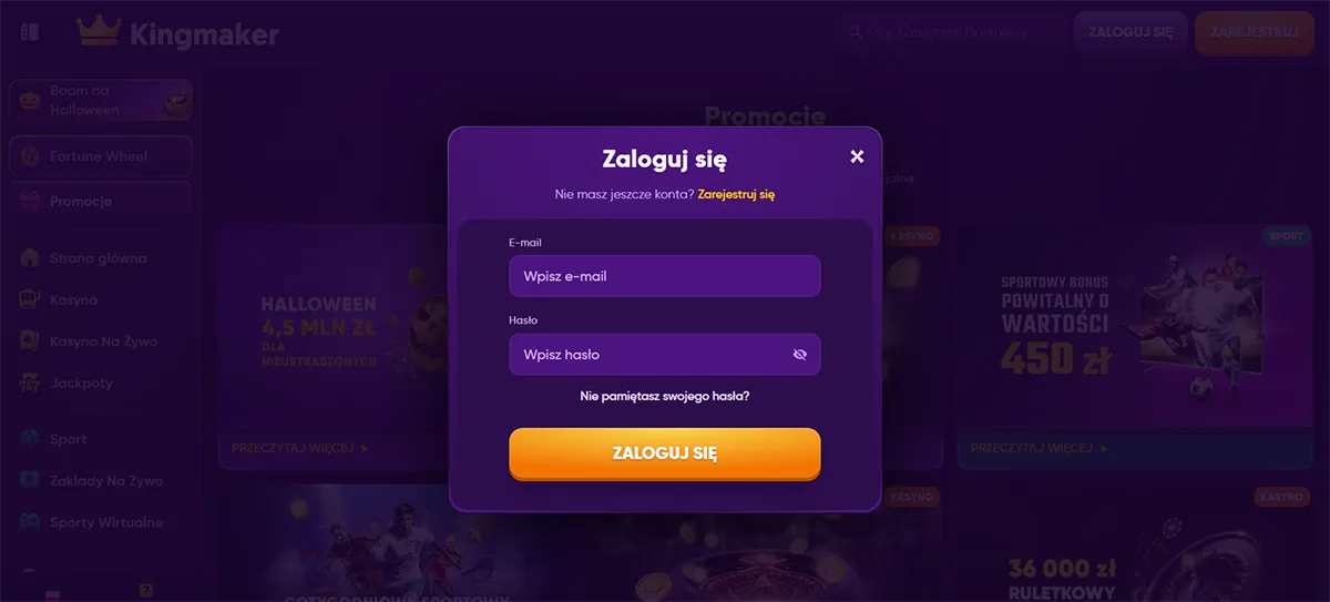 Purple Kingmaker casino login popup in Polish with email and password fields, an orange “ZALOGUJ SIĘ” button, password recovery link, and a blurred promotions background.